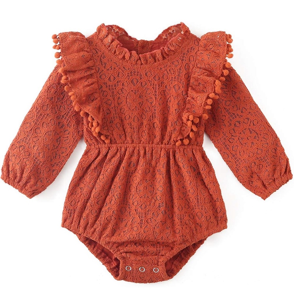 BABY Ruffle & Lace Long Sleeve Bodysuit Brick Orange 12 months